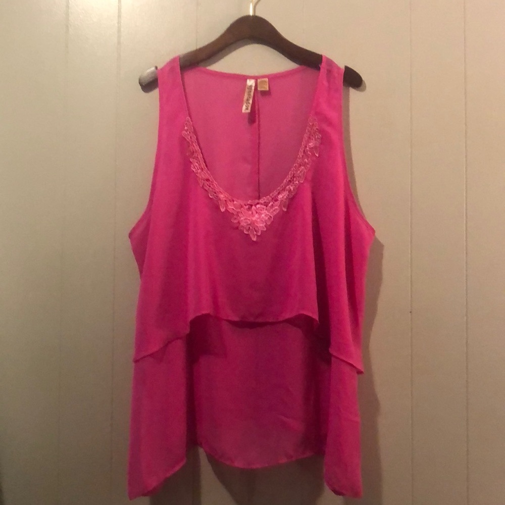 Sheer Hot Pink Tank Top With Lacy Trim at Neckline 2X
